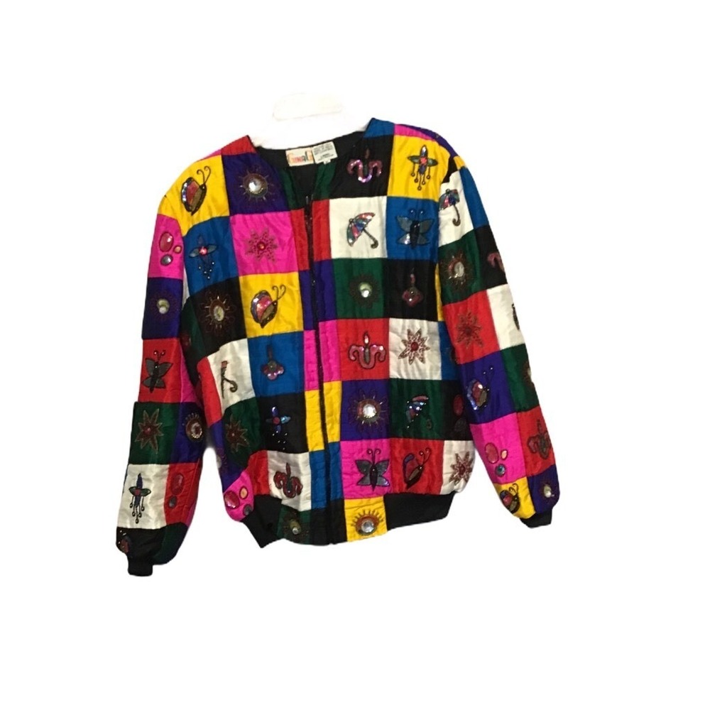 Gina G Bomber Jacket Womens XL Multicolor Silk Patchwork Beaded Sequin Vintage